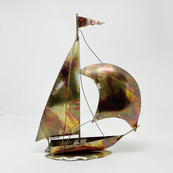 Vintage MCM 60s 70s Enesco Brass Metal 3D Sailboat Boat Sculpture Retro Moody - Picture 1 of 10